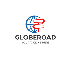 Import, export and distribution logo design. Delivery and logistics vector design. Globe and direction pointer logotype