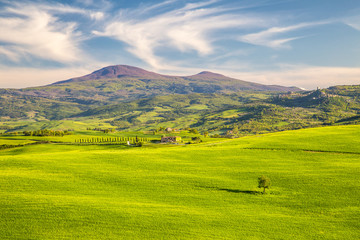 Fototapeta premium Landscape with Monte Amiata hill in Val d'Orcia region of Tuscany, Italy.