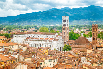 Fototapeta na wymiar Top view of the Lucca city in Tuscany, Italy, Europe.