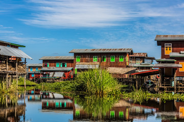 floating houses on the canal of the Inle Lake Shan state in Myanmar (Burma)