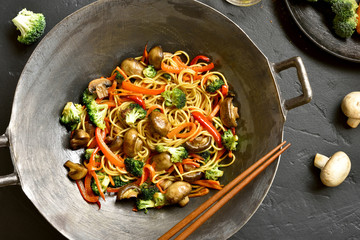 Close up of stir fried noodles with vegetables