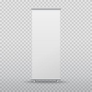 Roll Up Banner Stand Isolated On Transparent Background. Vector Blank Display Mockup For Presentation Or Exhibition Product Template.