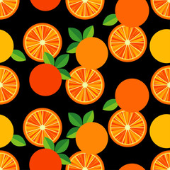 Seamless pattern with decorative oranges and leaves. Summer garden. Vector illustration. Can be used for wallpaper, textile, invitation card, wrapping, web page background.