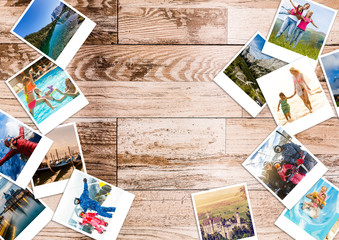 Fototapeta na wymiar Vacation photos in retro photo frames over wooden background. Summer Vacation Concept