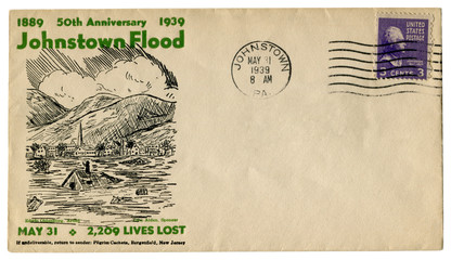  Johnstown, Pennsylvania, The USA  - 31 MAY 1939: US historical envelope: cover with cachet 50th anniversary 1889-1939 Johnstown Flood,  purple postage stamp three cents, Thomas Jefferson