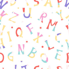 Seamless modern pattern in bright colors with letters. For decoration, invitation on kid celebrate, fabric, textile and linen print, web page background, gift and wrapping paper.