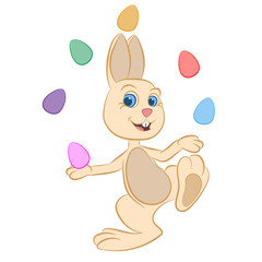 A smiling and happy Easter rabbit, or the Easter hare juggles with colorful eggs