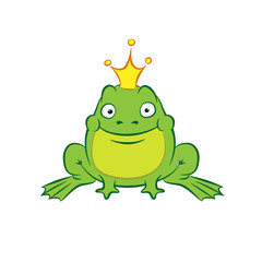 happy cartoon frog princess with a golden crown on white background