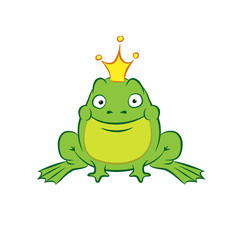 Obraz premium happy cartoon frog princess with a golden crown on white background