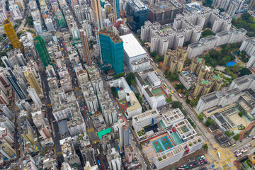 Sham Shui Po, Hong Kong 07 May 2019: Top view of Hong Kong downtown