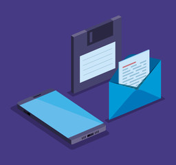 smartphone technology with diskette and letter with document information