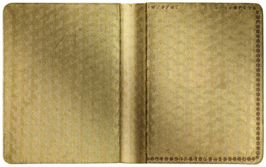 Vintage open book or diary cover - beautiful embossed golden canvas texture with unusual abstract geometric pattern, perfect details