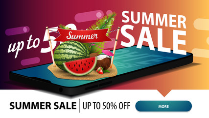 Summer sale, modern discount web banner for your website with a smartphone from which appears watermelon, coconut cocktail in coconut, sign with the inscription "summer"