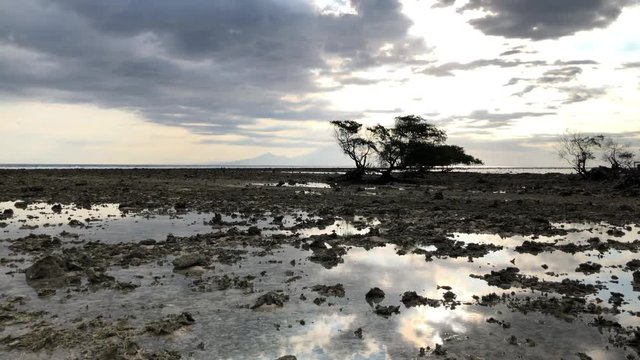 Great low tide on a coral reef in Bali, Indonesia at sunset