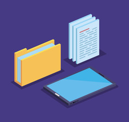 isometric folder with documents information and smartphone technology