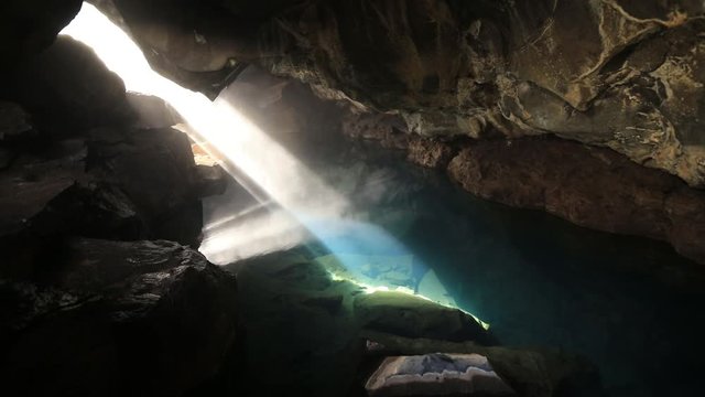 Grjotagja volcanic cave with hot thermal water near lake Myvatn, Iceland