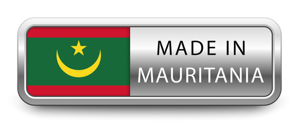 MADE IN MAURITANIA metallic badge with national flag isolated on white background