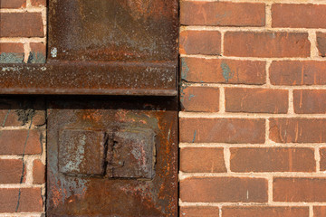 Background of old brick and rusted metal industrial textures, creative copy space, horizontal aspect