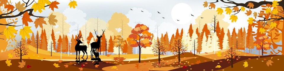 Beautiful panorama landscapes of Autumn forest with bright light on sunny day, Vector illustration of autumn landscape mountains and maple leaves falling with raindeer family, Natural background