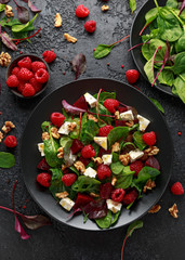 Healthy Beet Salad with raspberry, walnuts nuts and feta cheese