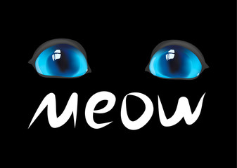 Cat print. Realistic cat eyes and text meow.