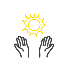 Hands with doodle sun icon isolated. Modern outline on white background