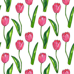 Red pink tulips with leaves. Seamless pattern. Texture for print, fabric, textile, wallpaper. Hand drawn watercolor and ink illustration on white