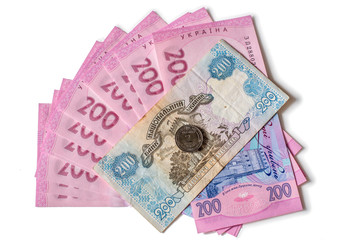 Ukrainian hryvnia, old and new. Notes in two hundred hryvnia. Coin in 2 hryvnia. Cash.