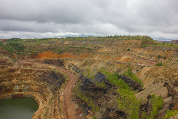 Open pit iron ore quarry geology witn green water