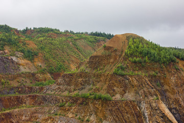 Open pit iron ore quarry geology witn green water