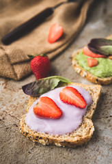 bread wholegrain mashed avocado and blueberry with strawberry 