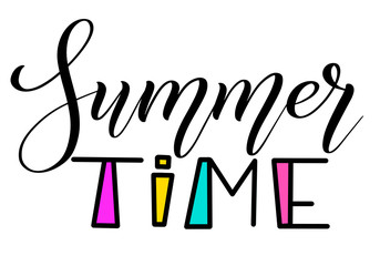 Summer time. Fancy design element for cards or print for clothes. Decorative font and calligraphic cursive. Vector isolated colors.