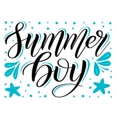 Summer boy. Childish design element for seasonal children's clothes. Black isolated cursive with decorative mint green ornament. Calligraphic style. Script lettering. Vector.