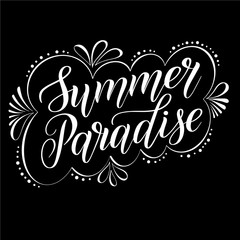 Obraz na płótnie Canvas Summer paradise. Royal style holiday design element for seasonal card or logo. Elegant isolated cursive in decorative frame. Calligraphic style. Script lettering. Vector black and white illustration.