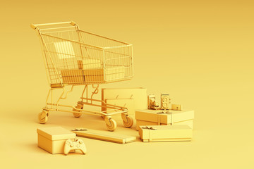Supermarket shopping cart surrounding by giftbox on yellow background. 3d rendering