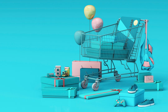Supermarket shopping cart surrounding by giftbox with credit card on blue background. 3d rendering