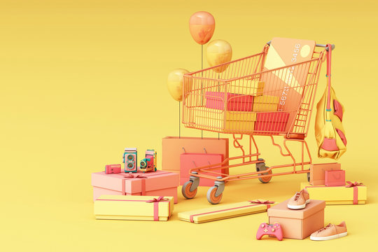 Supermarket shopping cart surrounding by giftbox with credit card on yellow background. 3d rendering