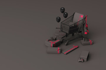 Supermarket shopping cart surrounding by giftbox with credit card on grey background. 3d rendering