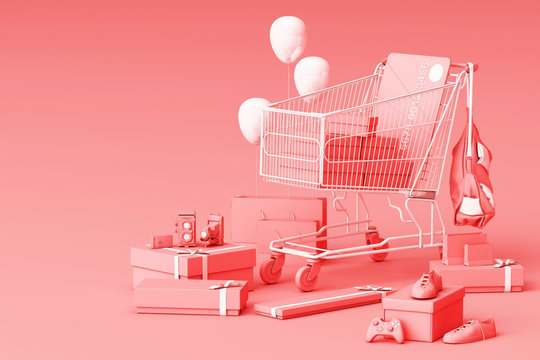 Supermarket shopping cart surrounding by giftbox with credit card on pink background. 3d rendering