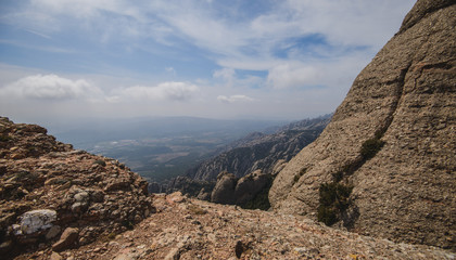 Aerial view of Montserrat mountains in a beautiful summer day, Catalonia, Spain 