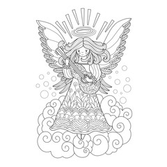 Hand drawn sketch illustration of angel playing guitar for adult coloring book.