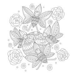 Hand drawn sketch illustration of butterfly angel for adult coloring book.