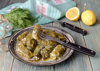Dolmas in egg-lemon sauce (Greek cuisine)