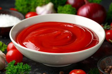 Homemade ketchup sauce in white bowl with vegetables and herbs