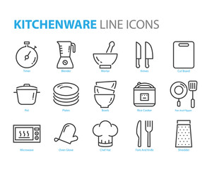 set of kitchenware icons, sucha as knife, plate, pan, bowl, spoon, pot