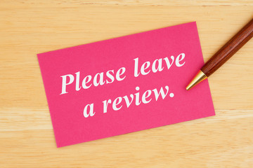 Please leave a review text on pink card with pen