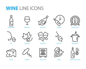 set of wine icon, such as grape, cheese, barrel, bottle, glass