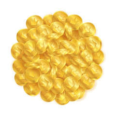 Top view treasure of golden coins with crown symbol on white background.