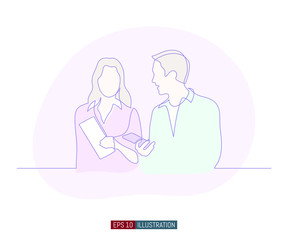 Continuous line drawing of man and women dialog. Template for your design works. Vector illustration.