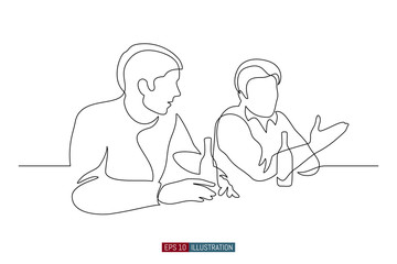 Continuous line drawing of the dialogue of two men at the bar. Template for your design works. Vector illustration.